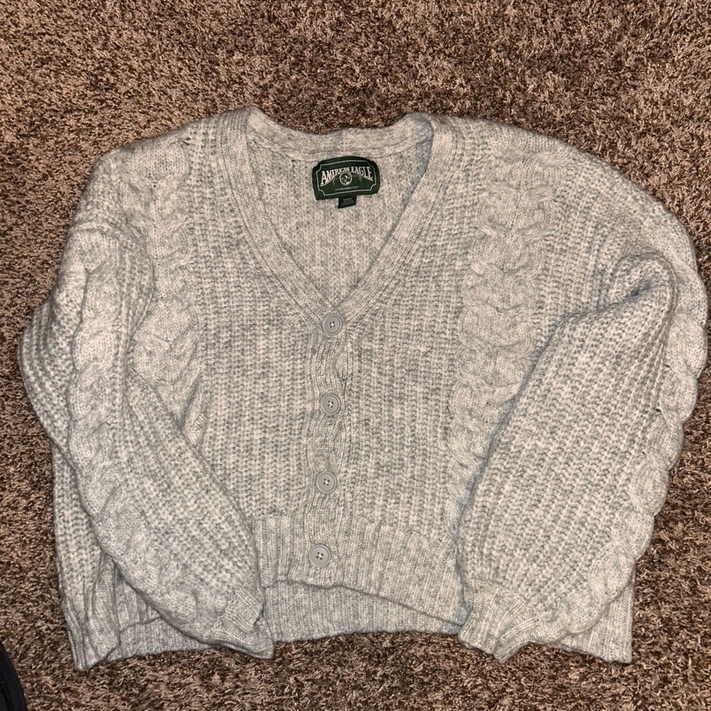American Eagle Women's Light Gray Cable Knit Cardigan